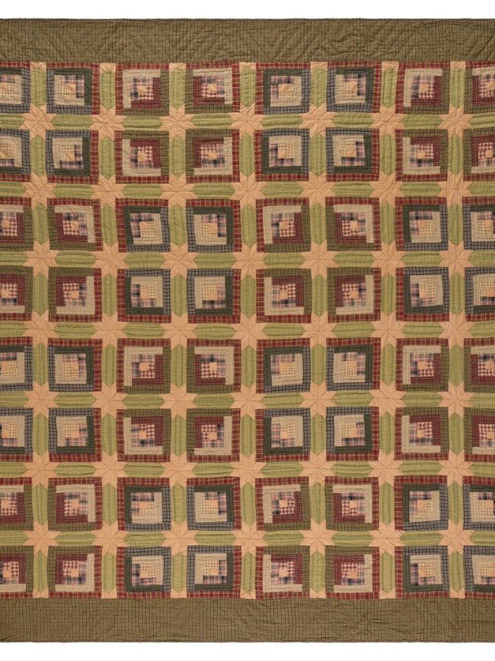 Tea Cabin King Quilt 110Wx97L Log Cabin Country Rustic Lodge Design, Moss Green